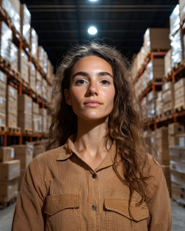Portrait of a young woman working in a warehouseの素材
