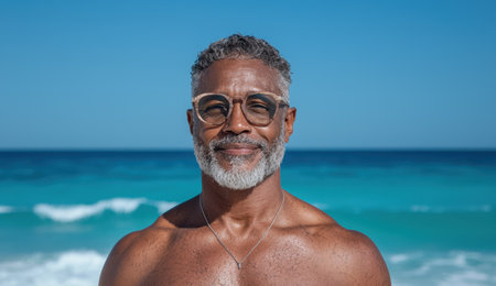 Smiling senior man relaxing on the beachの素材