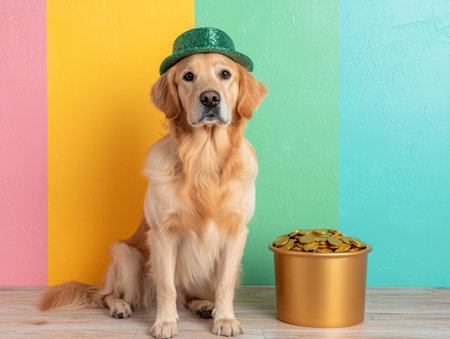 Golden Retriever wearing a green hat sitting next to a pot of goldの素材
