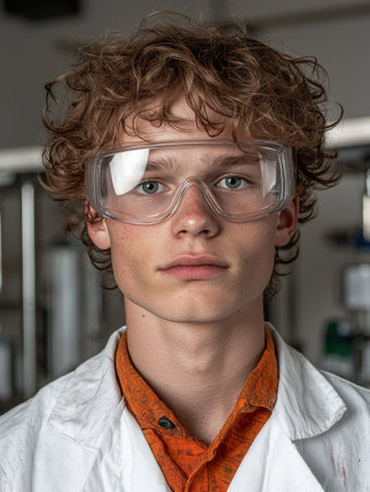 Young male scientist in lab coat and safety glassesの素材
