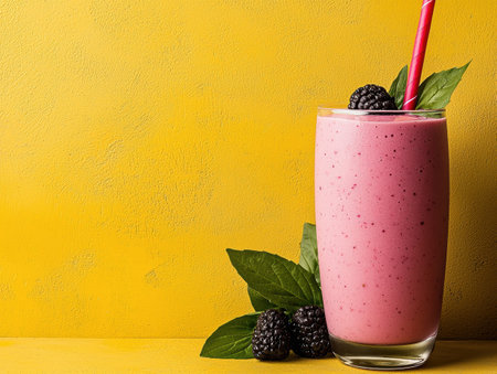 Delicious blackberry smoothie in glass with fresh berriesの素材