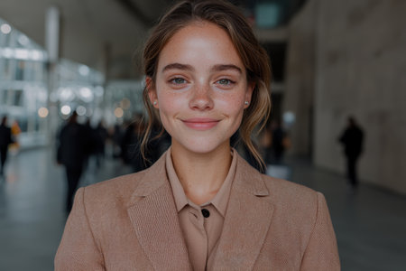 Portrait of a young woman with freckles smiling in a modern buildingの素材