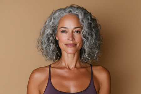Portrait of a smiling woman with gray curly hairの素材