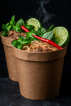 Delicious Asian beef noodle soup in a brown paper cup with fresh herbs and limeの素材