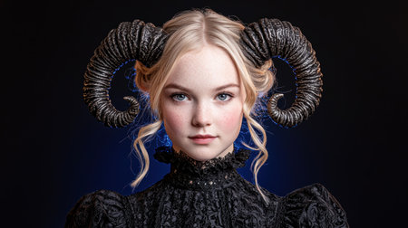 Portrait of a young woman with horns, dark clothing, and blonde hairの素材