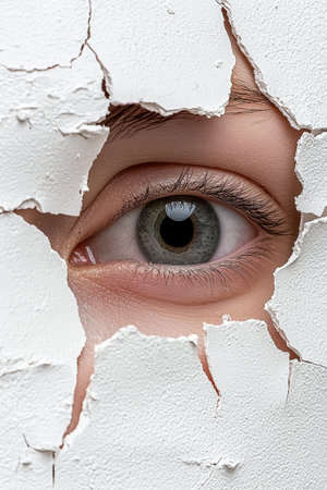 Close-up of a human eye peering through a cracked wallの素材