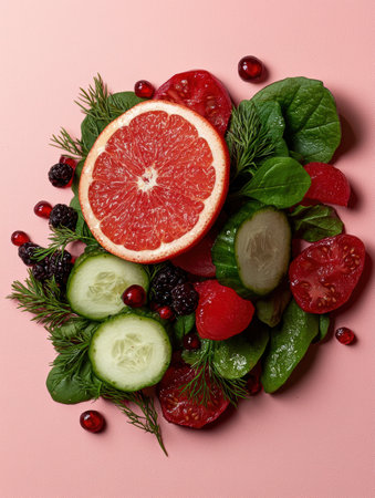 Healthy food flatlay with fresh fruits, vegetables and berriesの素材
