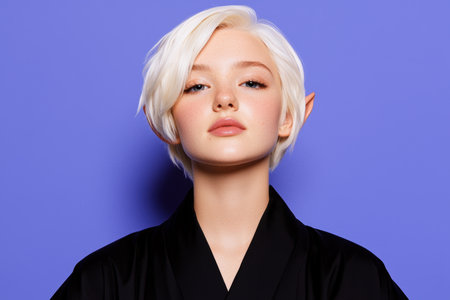 Portrait of a young woman with short blonde hair and elf earsの素材