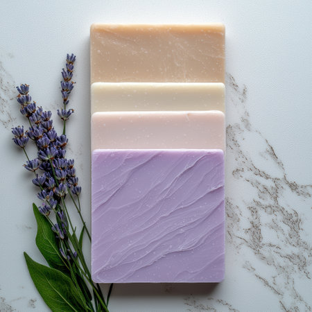 Stacked lavender soap bars with fresh lavender sprigsの素材