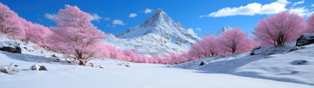 Pink trees in snowy mountains winter landscapeの素材