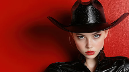 Woman in black cowboy hat and leather jacket against red backgroundの素材