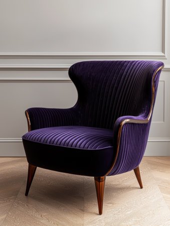 Luxury purple velvet armchair with wooden legsの素材