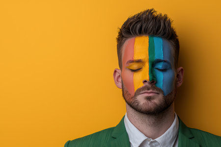 Man with colorful face paint against yellow backgroundの素材