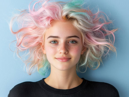 Close-up portrait of a young woman with pastel pink and mint green hairの素材