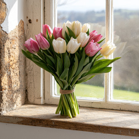 Pink and white tulips in a rustic window settingの素材