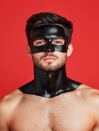 Man with black face and neck mask on red backgroundの素材