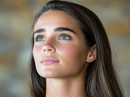 Close-up portrait of a young woman with freckles and green eyes looking upの素材