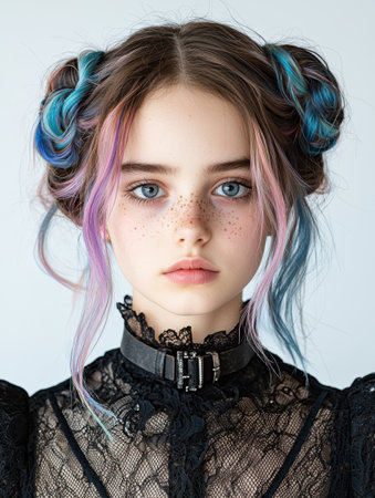 Portrait of a young woman with colorful hair and frecklesの素材