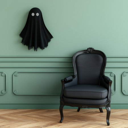 Black chair and ghost in a green roomの素材