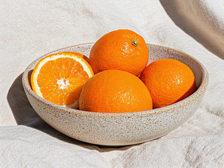 Three juicy oranges and a half orange in a speckled bowlの素材