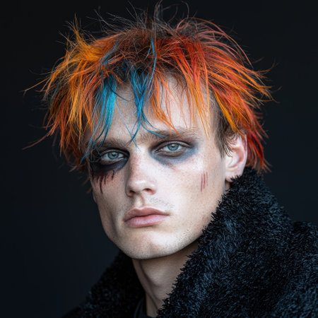 Close-up portrait of a young man with vibrant orange and blue hair and dramatic makeupの素材