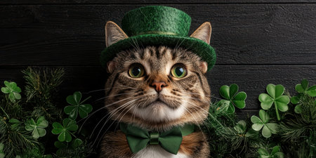 Adorable tabby cat wearing a green leprechaun hat and bow tie for St. Patrick's Dayの素材