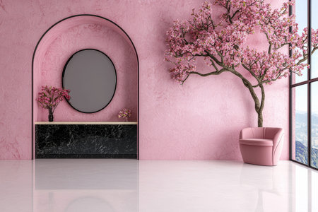 Pink room interior design with cherry blossom tree and modern furnitureの素材