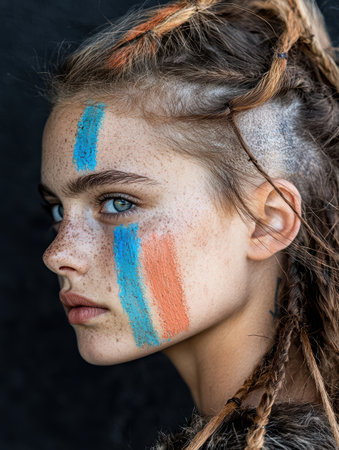 Woman with face paint and braided hairの素材