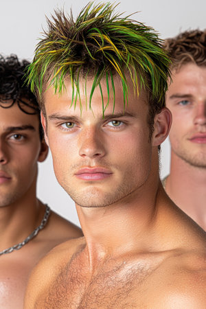 Three young men with stylish haircuts, one with green hair, posing for a photo.の素材
