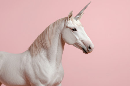 White unicorn horse profile against pink backgroundの素材