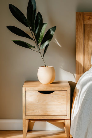 Modern minimalist bedroom with wooden bedside table and plantの素材