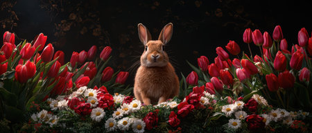 Adorable bunny rabbit sitting amidst a vibrant display of red tulips and white daisiesの素材