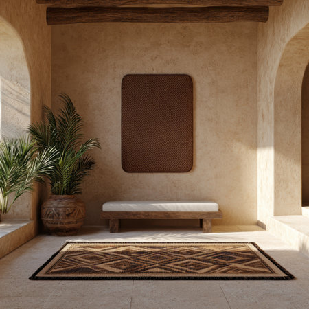 Minimalist bohemian interior design with wooden bench and rugの素材