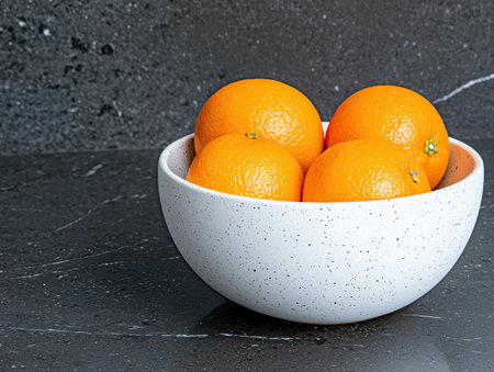 Four juicy oranges in a speckled bowl on a dark marble surfaceの素材