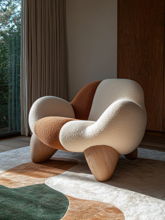 Modern armchair with wooden legs and multicolored upholstery in a minimalist living roomの素材