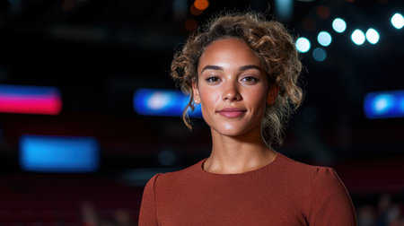 Portrait of a young woman with curly hair, smiling gently at the cameraの素材