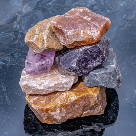 Collection of colorful rough gemstones on a dark reflective surfaceの素材