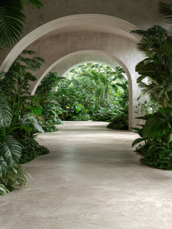 Pathway through lush tropical garden with arched concrete ceilingsの素材