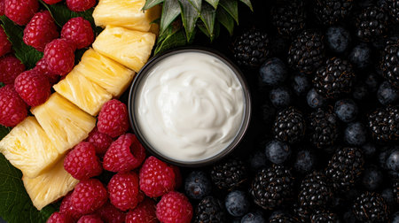 Yogurt parfait with raspberries, pineapple, blueberries and blackberriesの素材