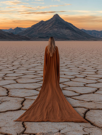 Woman in flowing robe stands in cracked earth desert facing a mountain at sunsetの素材