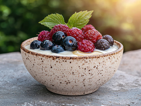 Delicious yogurt parfait with fresh berries and honeyの素材