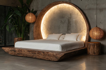 Luxury wooden bed with round headboard and warm lighting in modern bedroomの素材
