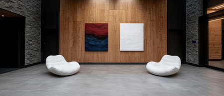 Modern minimalist lobby interior with two white armchairs and abstract artの素材