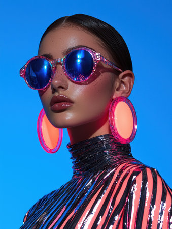 Woman in pink sunglasses and earrings posing against a blue backgroundの素材