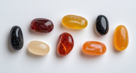 Assorted colorful candy stones on white backgroundの素材