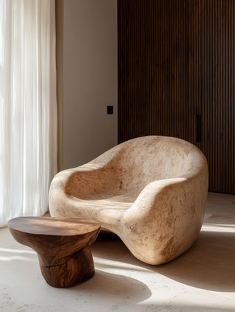 Modern minimalist living room interior design with beige sculptural chair and wooden coffee tableの素材