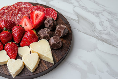 Romantic Valentine's Day charcuterie board with strawberries, salami, cheese, and chocolateの素材