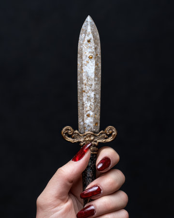 Woman's hand holding a dagger with a crystal and gold handleの素材