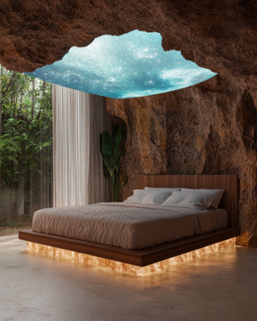 Luxury bedroom with cave-like design and starlit ceilingの素材