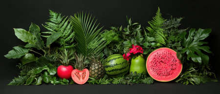 Assortment of tropical fruits and plants on black backgroundの素材